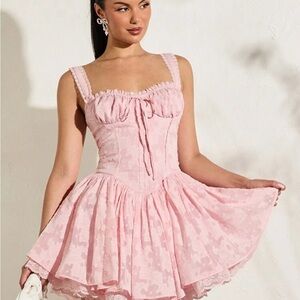 SHEIN Pink Ruched Tiered Babydoll Mini Dress